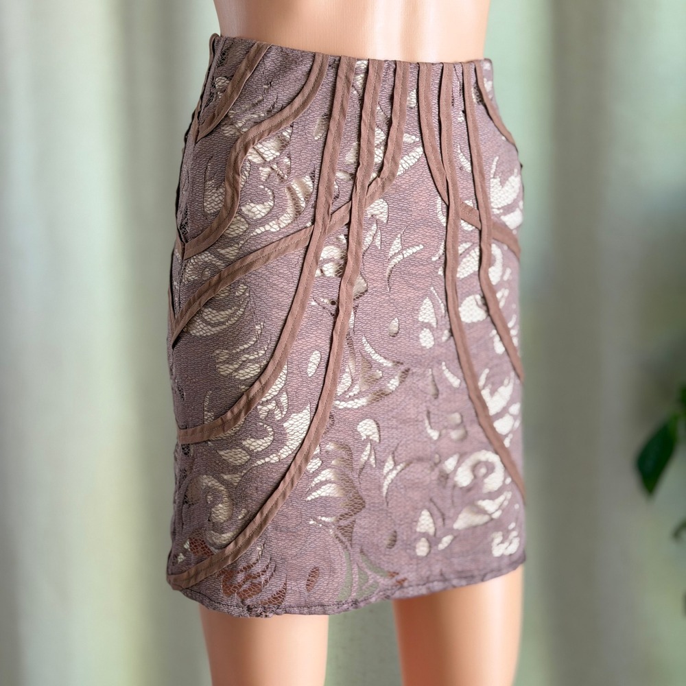 Dance & Marvel Brown Floral Lace Mini Skirt Ribbon Applique Coquette Romantic S